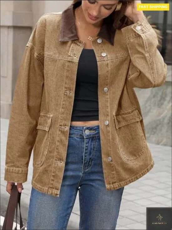 Oversized Denim Jacket Casual Contrast Canvas Collar Button Down Streetwear - Picture 6 of 6